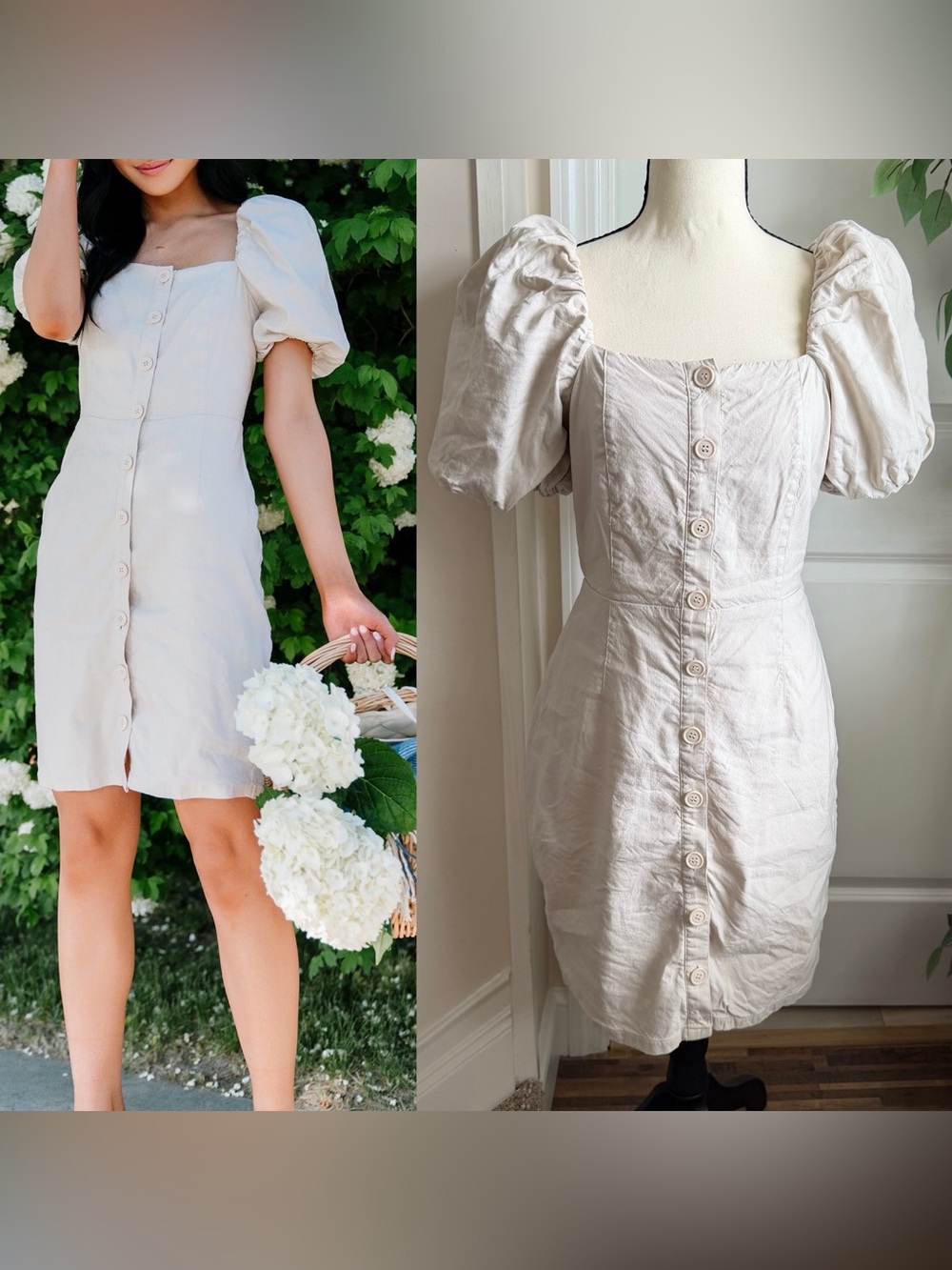 Rachel Parcell Linen Blend Puff Sleeve Button Front Dress Natural Beige Sz S